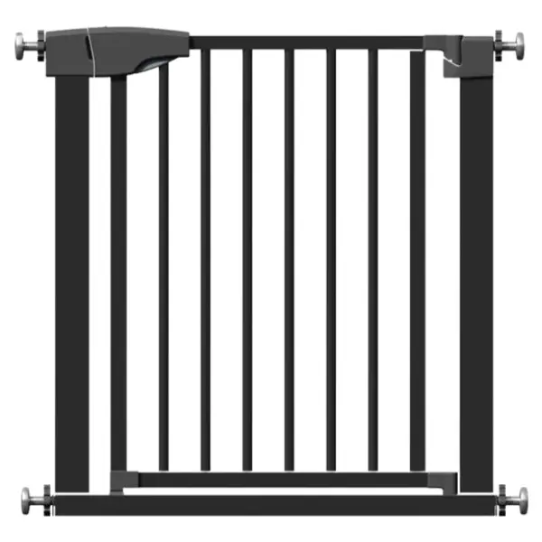 Zwarte veiligheidshekje met verticale spijlen en twee wandbevestigingen aan de zijkanten. Het hekje heeft een vergrendelingsmechanisme aan de bovenkant voor een veilige sluiting.