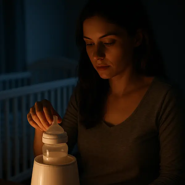 Vrouw met flessenwarmer in de nacht