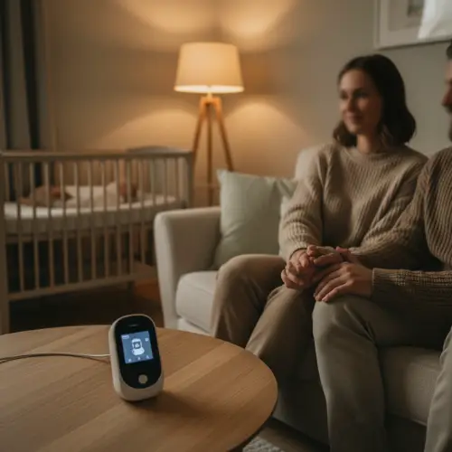 babyfoon ouder luistert met babyfoon zonder camera terwijl baby slaapt