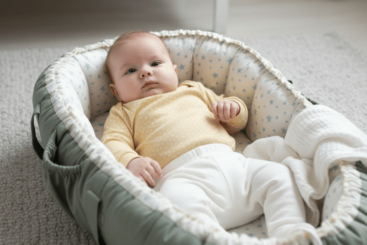 Baby in babynest die u aankijkt