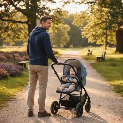 ouder met baby in buggy, beste buggy onder de 200 euro