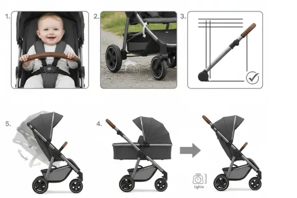 baby in buggy en verschillende standen van buggy, beste buggy onder de 200 euro