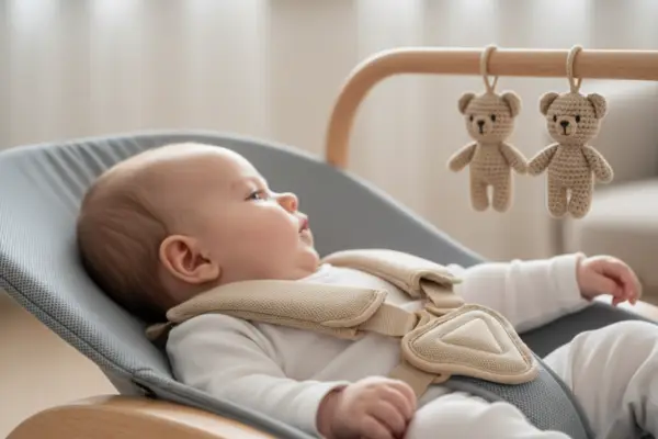 Ergonomische wipstoel met veilige gordels en ademende bekleding voor baby.