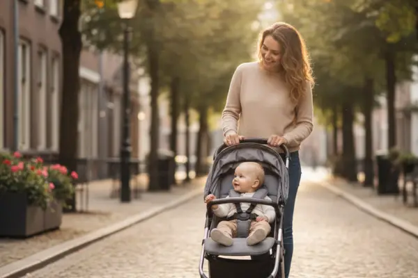 ouder wandelt met baby in compacte buggy, beste buggy onder de 200 euro