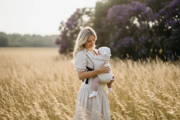 Moeder met baby in draagdoek in de natuur