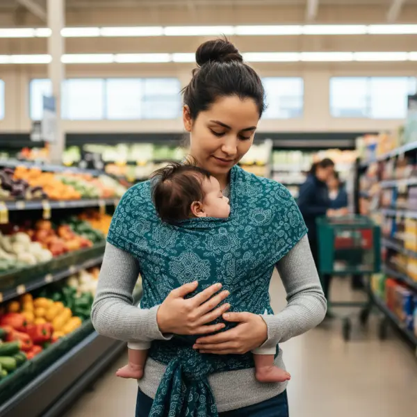 Vrouw met baby in supermarkt