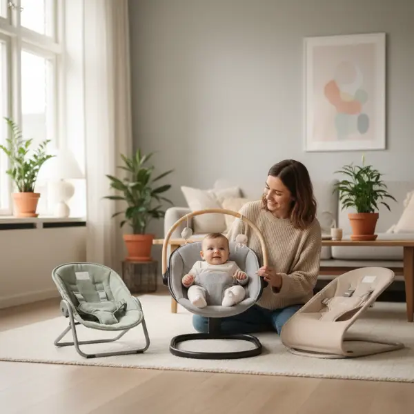 Ouder vergelijkt wipstoel, bouncer en babyswing in lichte woonkamer.