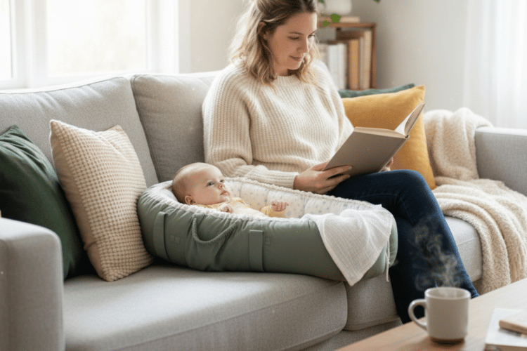 Vrouw leest boek naast baby in babynest