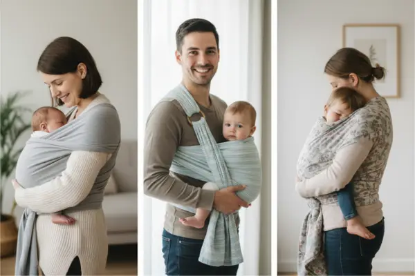 Ouders dragen hun baby in drie draagdoekstijlen: rekbaar op de buik, ringsling op de heup en geweven op de rug.