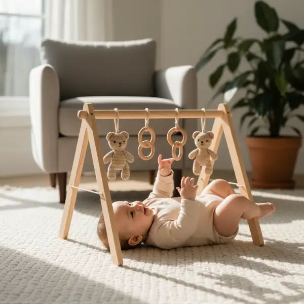 Baby speelt onder een houten babygym met hangers