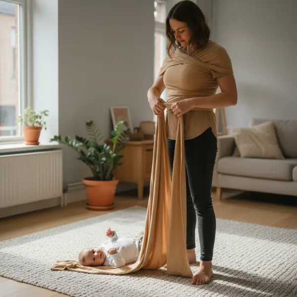 Ouder leert draagdoek knopen met baby op de borst.