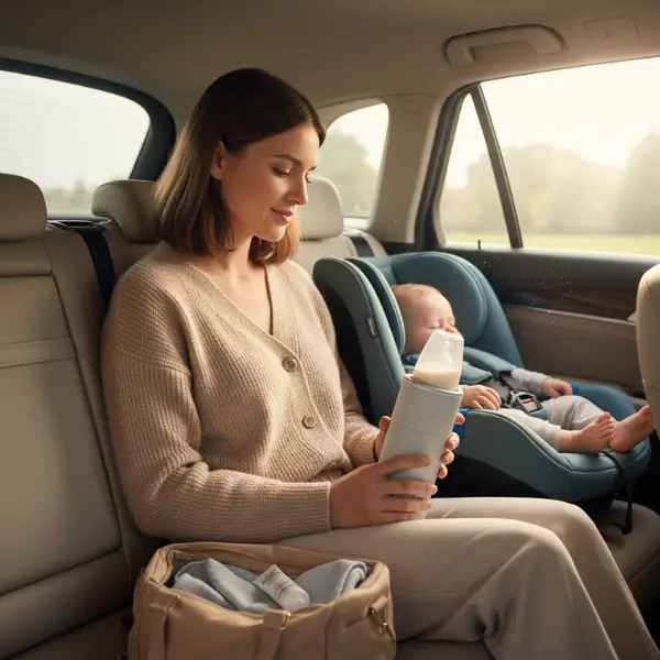 Ouder warmt babyfles op met flessenwarmer voor onderweg.